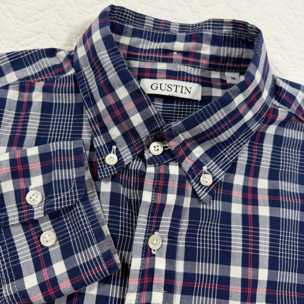 GUSTIN Mens Plaid Button Down‎ Shirt Long Sleeve Size M Made in USA Cotton
